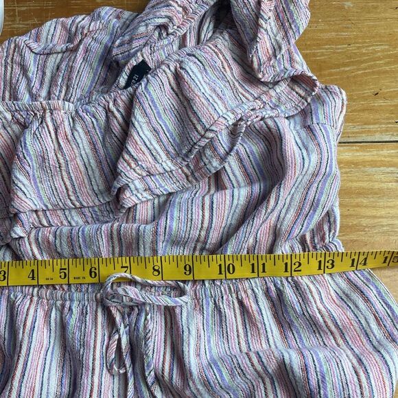 Forever 21 Striped One Shoulder Linen Blend Tiered Pink Striped Mini Dress M - Picture 4 of 8